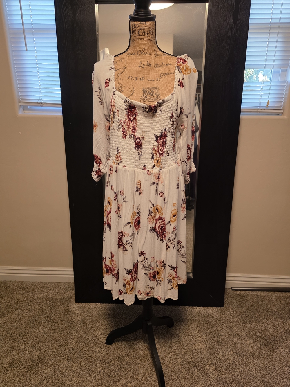 torrid White Floral Smocked Midi Dress with Rose and Mustard Accents